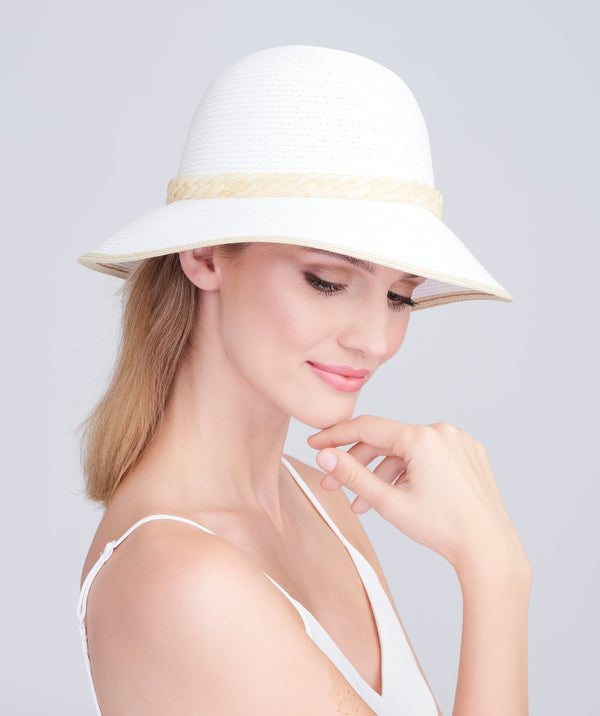 White Straw Bucket Hat with Chain Belt Embellishment