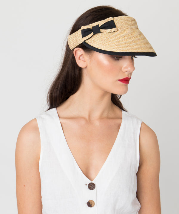 Natural Straw Sun Visor with Black Fabric Trim and Bow Detail