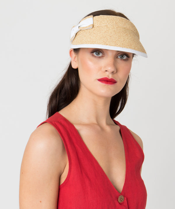 Natural Straw Sun Visor with White Fabric Trim and Bow Detail