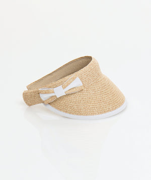 Natural Straw Sun Visor with White Fabric Trim and Bow Detail