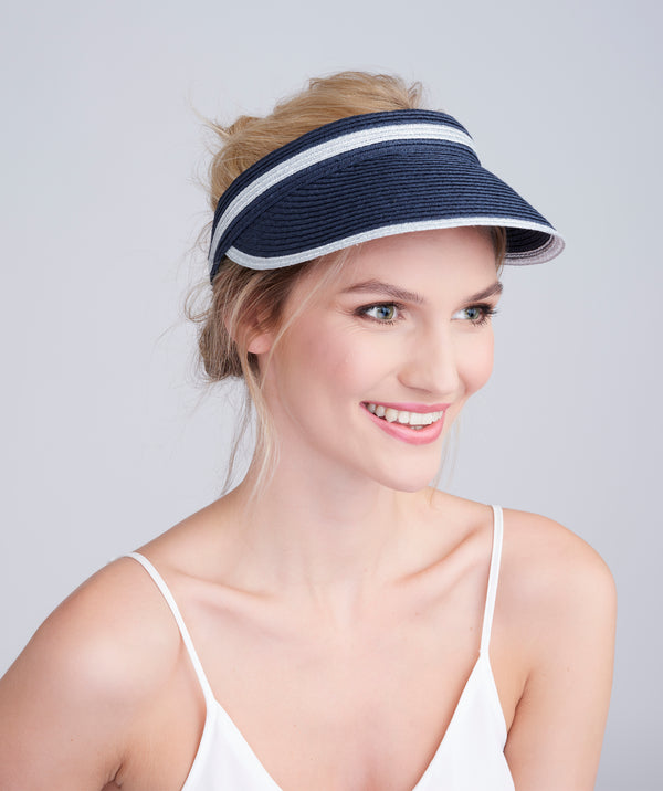 Navy Straw Sun Visor with Silver Metallic Stripe