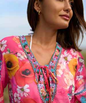 Pink Floral Print Mini Length Cover Up with Embellished Beading