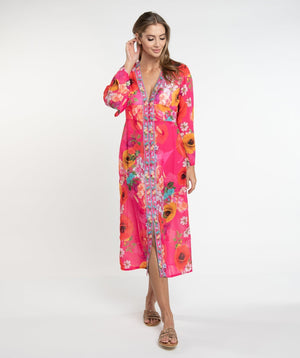 Pink Floral Print Midi Length Cover Up with Beaded Embellishment