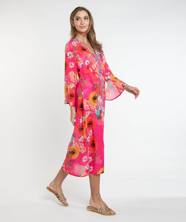 Pink Floral Print Midi Length Cover Up with Beaded Embellishment