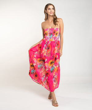 Pink Floral Print Maxi Dress with Elasticated Bandeau Top