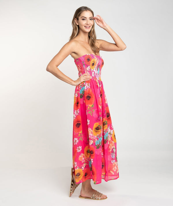 Pink Floral Print Maxi Dress with Elasticated Bandeau Top