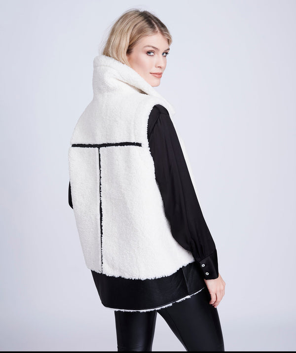 Winter White Borg Gilet with Faux Leather Details and Button Closure