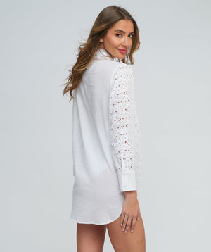 White Cotton Beach Shirt with Floral Eyelet-Perforated Fabric