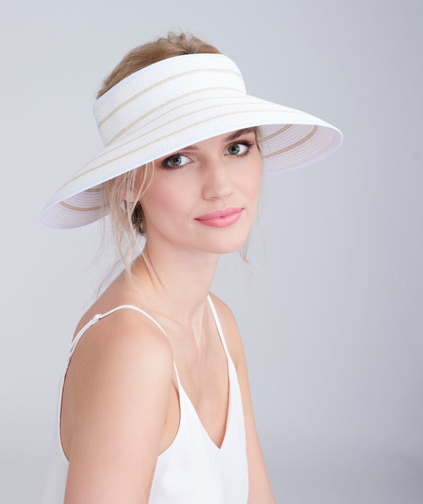 White and Natural Wide Brim Woven Straw Visor with Elasticated Band