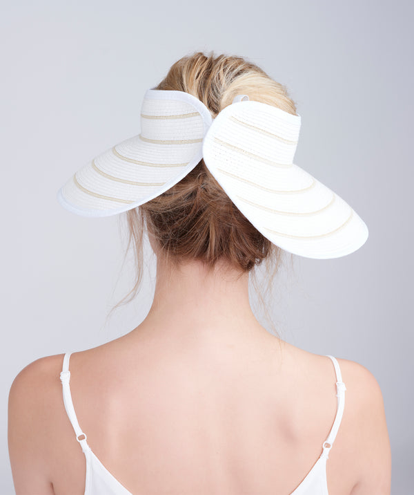 White and Natural Wide Brim Woven Straw Visor with Elasticated Band