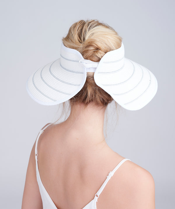 White/Silver Wide Brim Woven Straw Roll-Up Visor with Adjustable Velcro