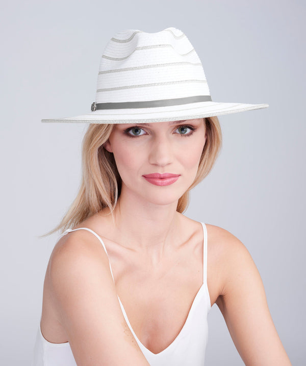 Silver and White Pinstripe Straw Fedora Hat