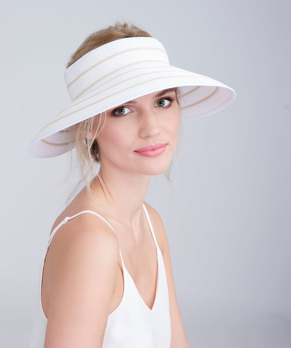 White and Natural Wide Brim Woven Straw Visor