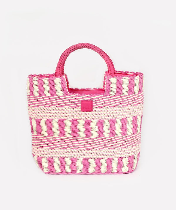 Pink Lined Straw Tote Bag with Twin Top Handles