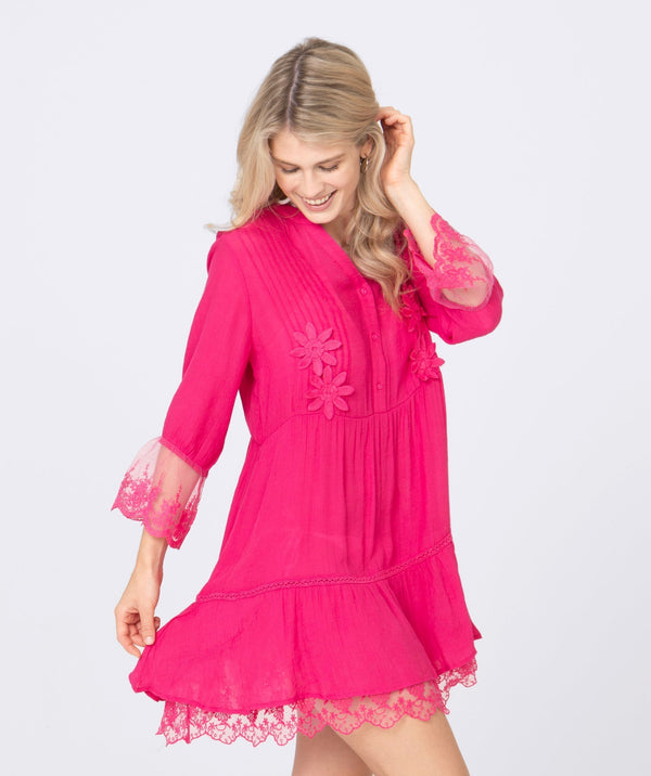 Side View: Hot Pink Floral Embroidered Midi Beach Dress with Ruffle Hem