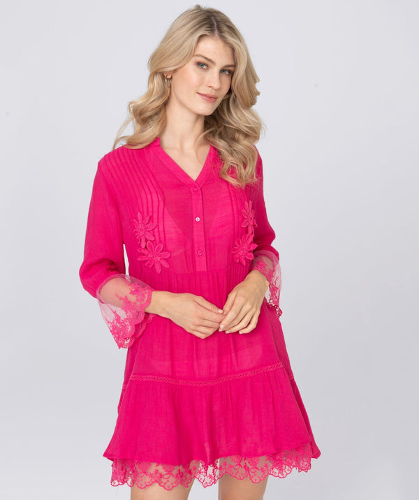 Hot Pink Floral Embroidered Midi Beach Dress with Ruffle Hem