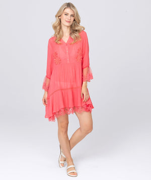 Salmon Floral Embroidered Midi Beach Dress with Ruffle Hem