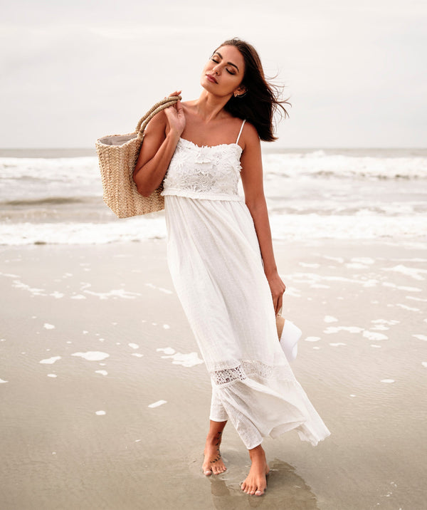 White Floral Maxi Dress with Feminine Embellishment