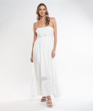 White Floral Maxi Dress with Feminine Embellishment