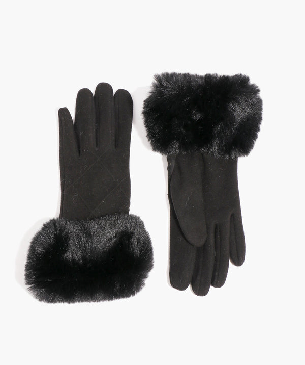 Black Wool Glove with Faux Fur Cuff and Lining