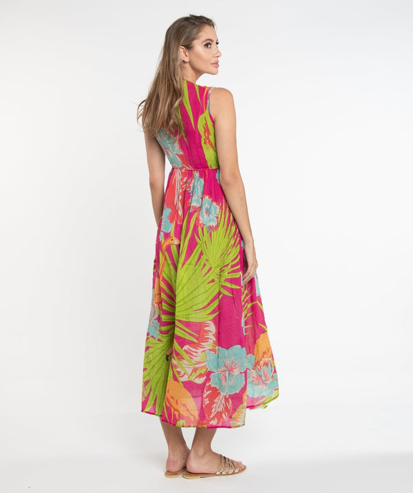 Fuchsia Tropical Toucan Print Maxi Dress with Adjustable Drawstring Straps