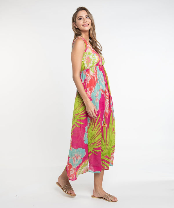 Fuchsia Tropical Toucan Print Maxi Dress with Adjustable Drawstring Straps