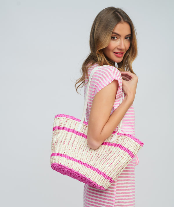 Hot Pink Striped Straw Tote Bag with Zip Closure