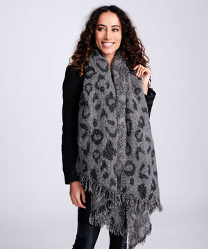 Embellished Leopard Print Winter Scarf - Grey - Accessories, Gloria, Grey, Scarf, Winter Accessories