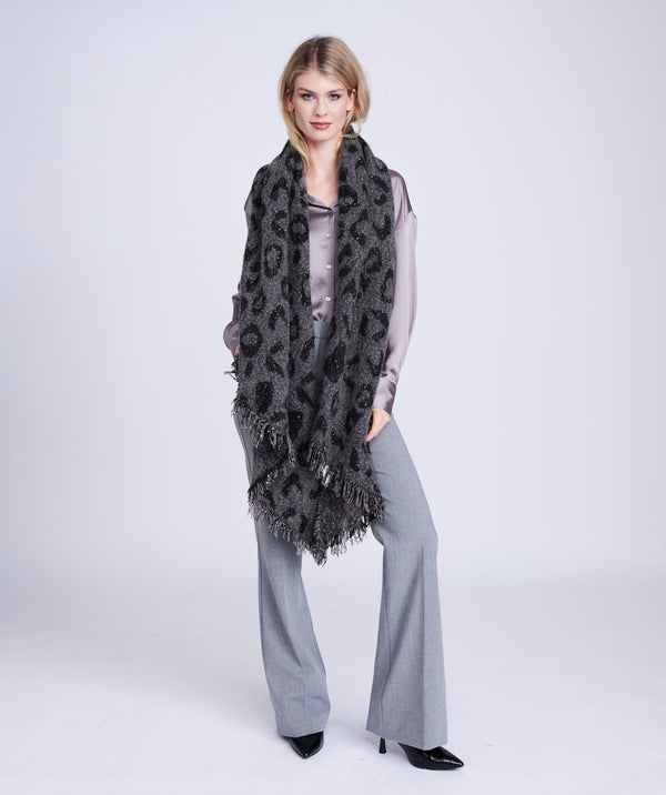 Slate Grey Diagonal Edged and Embellished Leopard Print Scarf