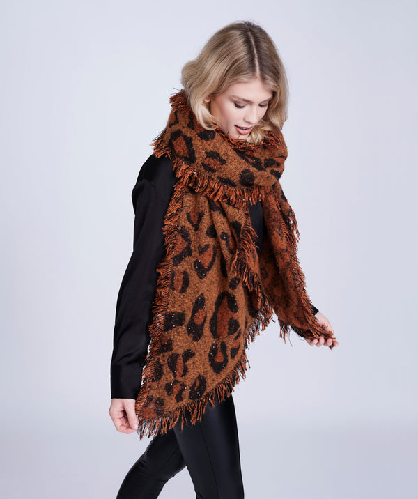 Brown Black Diagonal Edged and Embellished Leopard Print Scarf