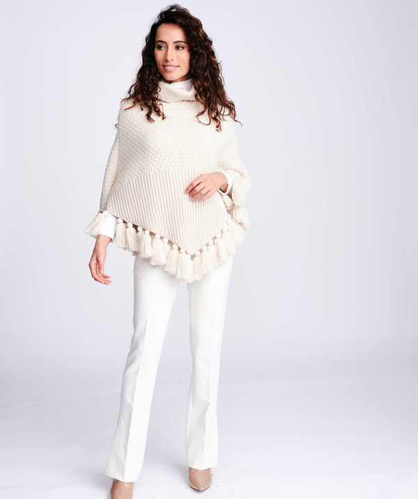 Women`s Roll Neck Knitted Poncho - Cream - Apparel, Cream, Harlow, Outerwear, Wrap