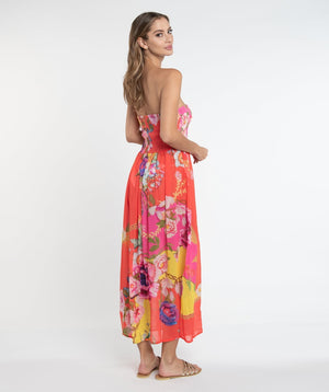 Orange Maxi Dress with Hawaiian-inspired Design