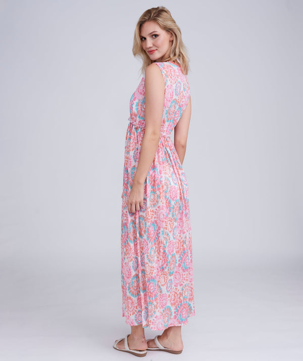 Back View: Pink Cotton Maxi Dress with Pom Pom Detailing