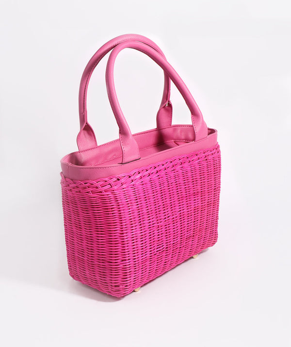 Fuchsia Rattan Woven Bag