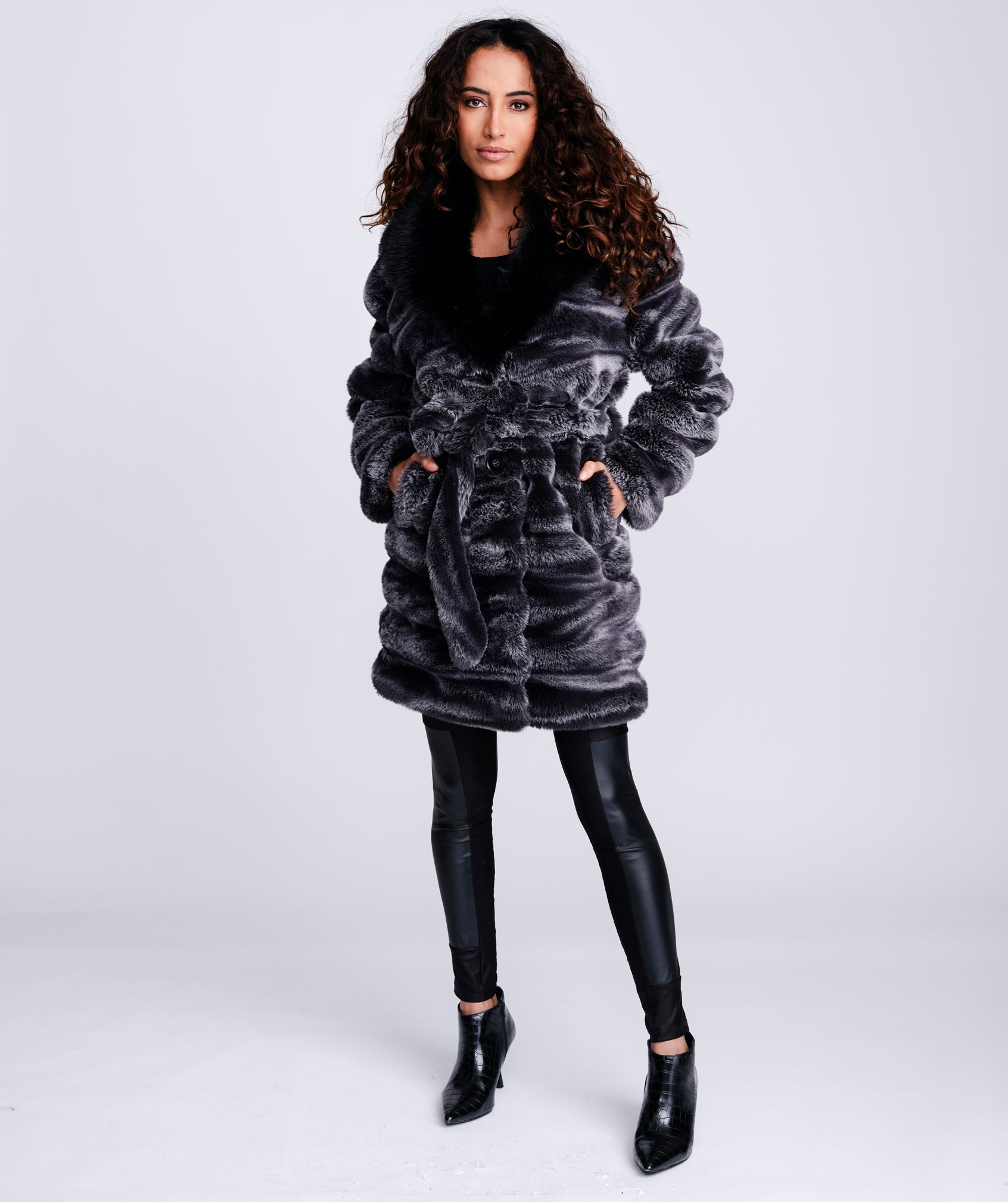 Eco Faux Fur Coat - Black/Grey