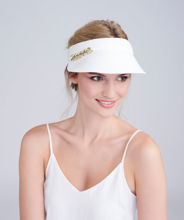 White Paper Straw Visor with Gold Chain Embellishment