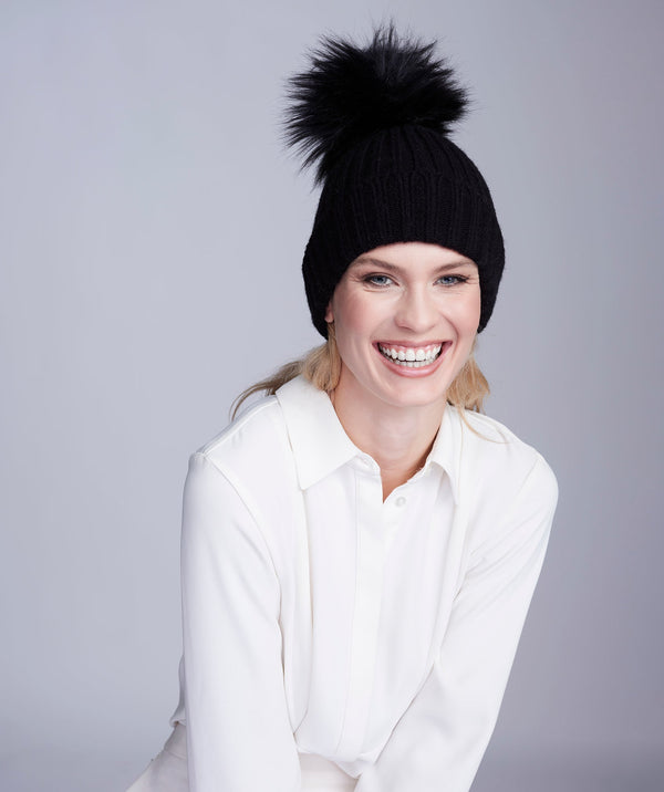 Black Chunky Rib Knit Hat with Faux Fur Pom Pom