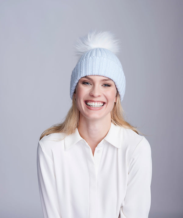 Blue Rib Knit Hat with Oversize Pom Pom