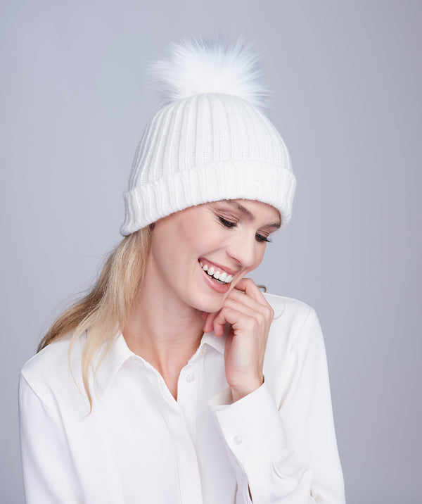 Winter White Rib Knit Hat with Faux Fur Pom Pom