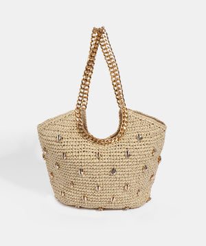 Sand Straw Bag with Gold Chain Handles and Shell Embellishment