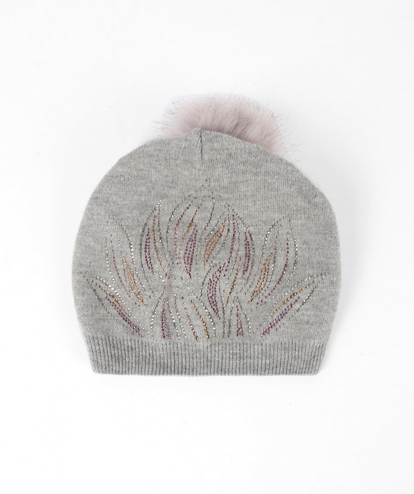 Grey Soft Hat with Jewelled Embellishments and Detachable Pom Pom