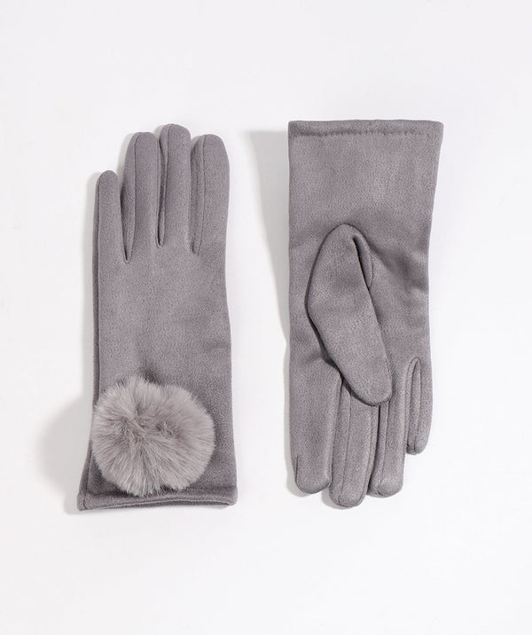 Faux Suede Pom Pom Gloves - Stone