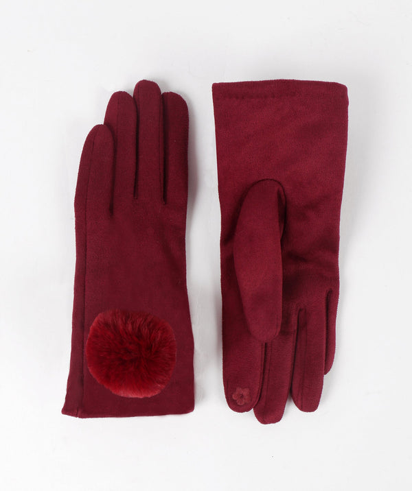 Faux Suede Pom Pom Gloves - Burgundy