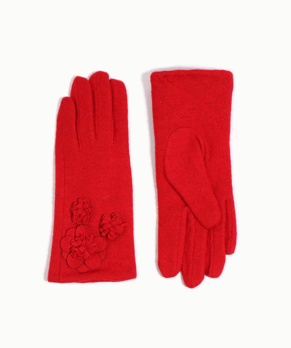 Red Wool Glove with Floral Motifs and Insulated Lining