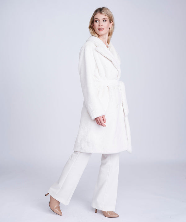 Winter White Faux Fur Coat with Waist Belt