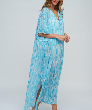 Turquoise Maxi Kaftan with Lace-Up Tie and Wide Sleeve Openings