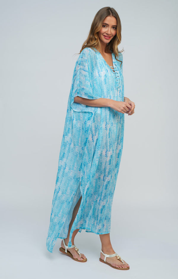 Turquoise Maxi Kaftan with Lace-Up Tie and Wide Sleeve Openings