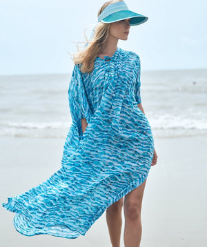 Turquoise Maxi Kaftan with Lace-Up Tie and Wide Sleeve Openings