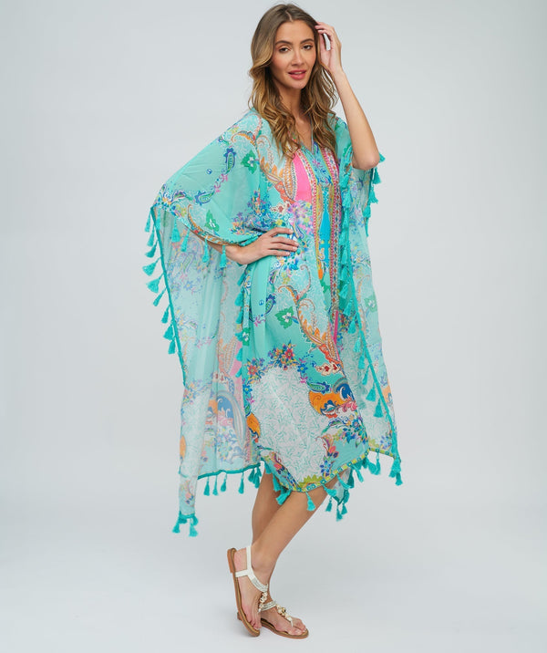 Turquoise Cancun Maxi Kimono with Flowy Silhouette