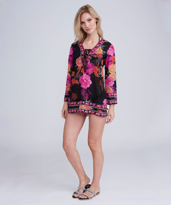 Black Floral Print Cover up with Embellishments